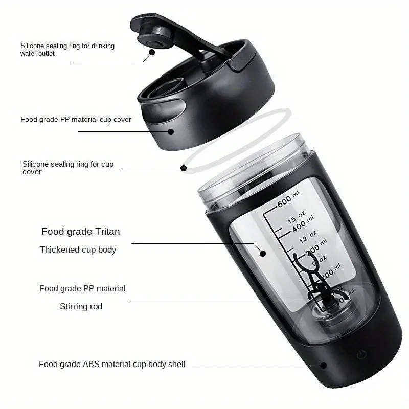 Gourde Protéine Homme - Shaker électrique de 500 ml pour protéines en poudre – Mélangeur automatique pour shakes, lait et café – Idéal pour la salle de sport et les activités en plein air – Image 2